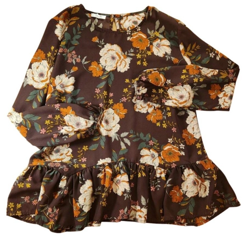 Maurices Brown Floral Long Sleeve Ruffle Hem Tunic Top Peplum Women's‎ Size L